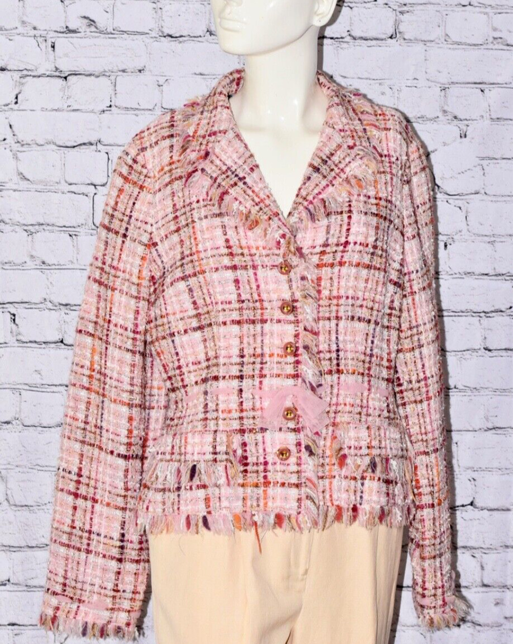 TERI JON Rickie Freeman Metallic Thread Fringe Tweed Blazer Jacket Size 14